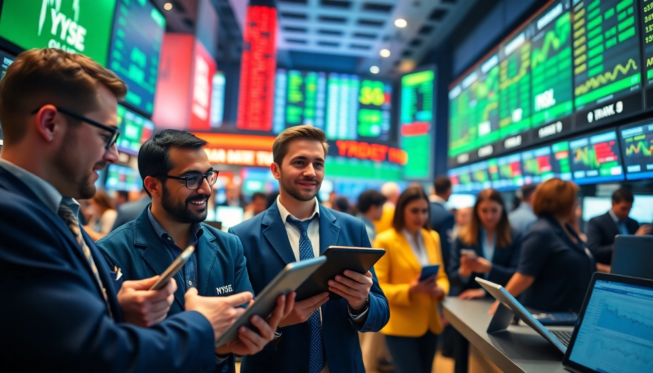 Dynamic scene of tradings with diverse traders at a stock exchange, showcasing technology and vibrant market activity.