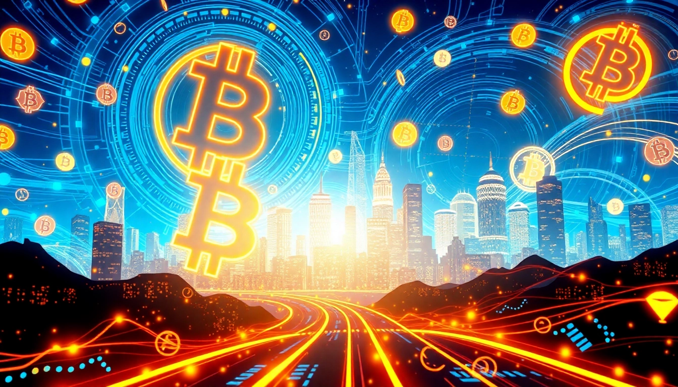 Explore the dynamic world of Bitcoin with swirling symbols and a futuristic skyline.