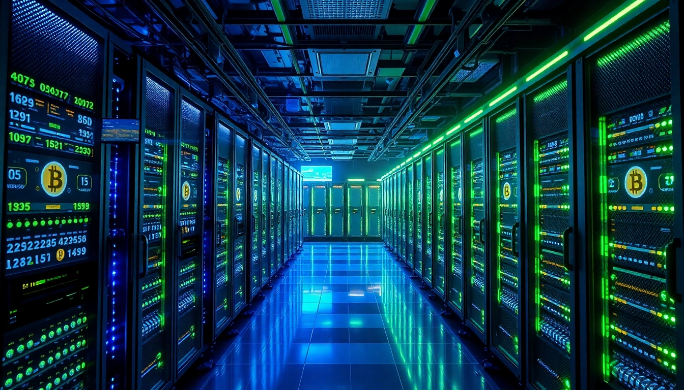 Discover the world of Bitcoin mining with advanced rigs illuminating a futuristic facility.
