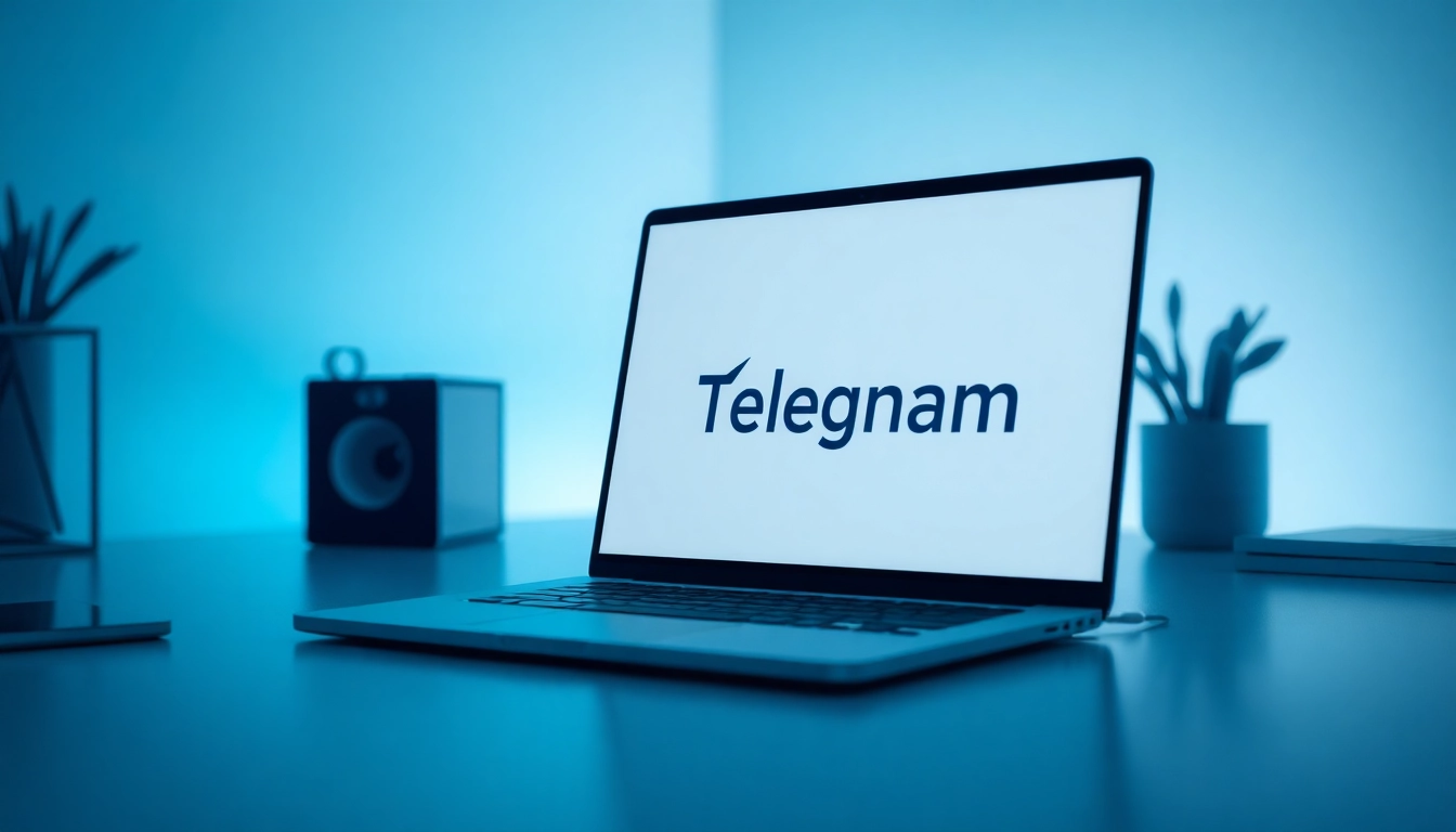 The Telegram电脑端 interface displayed on a laptop amidst a modern workspace setting.