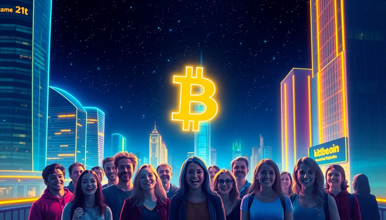 People gathering around a Bitcoin hologram in a vibrant futuristic cityscape.