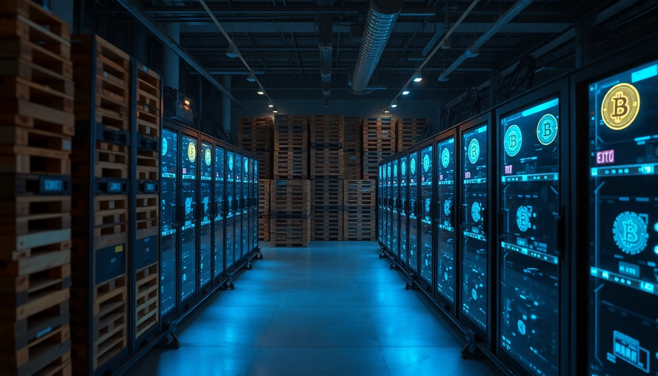 Explore the modern efficiency of Bitcoin mining in a state-of-the-art industrial facility featuring high-tech rigs.