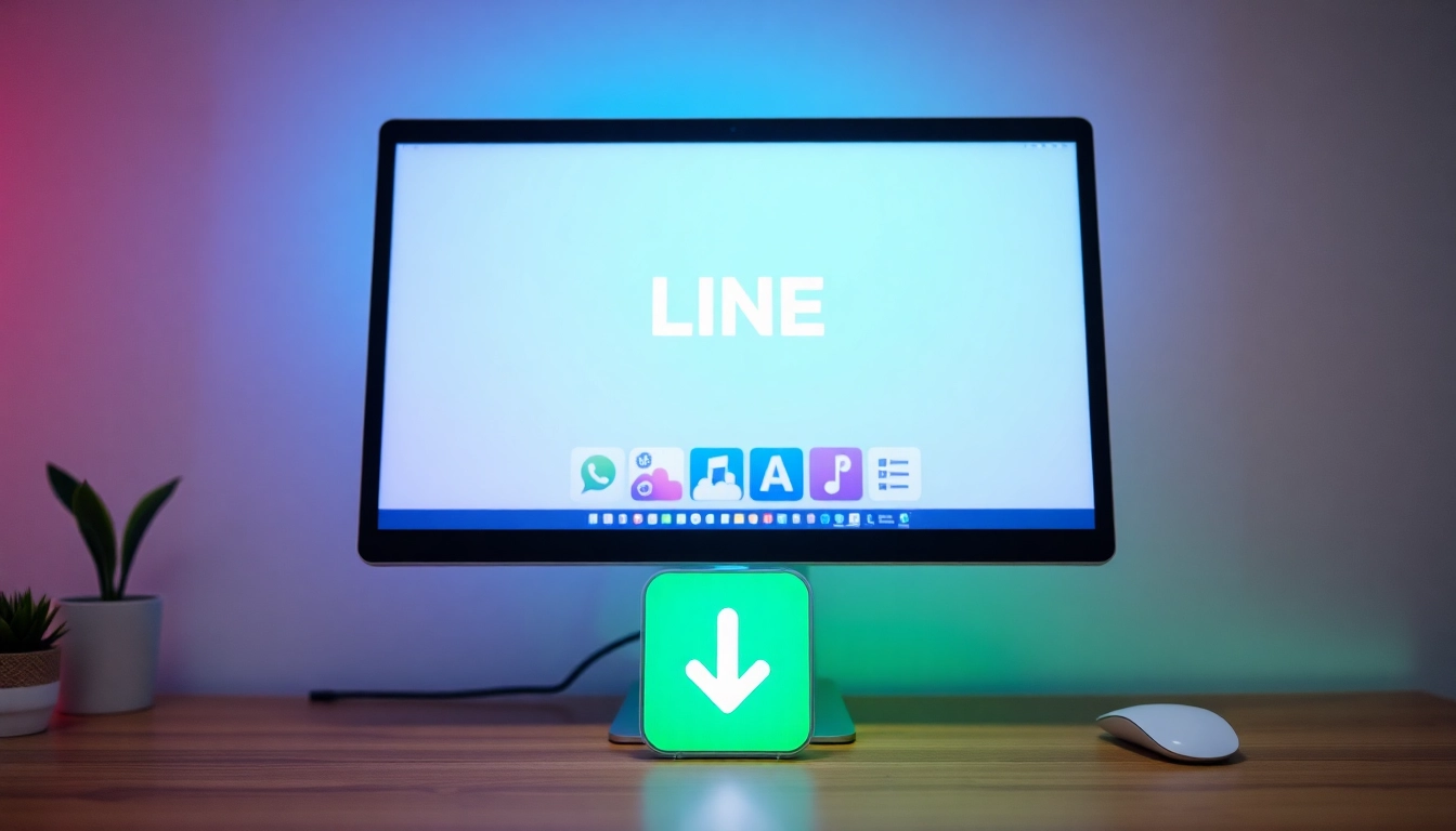 Download the line下载電腦版 on your computer with vibrant LINE app interface visible.
