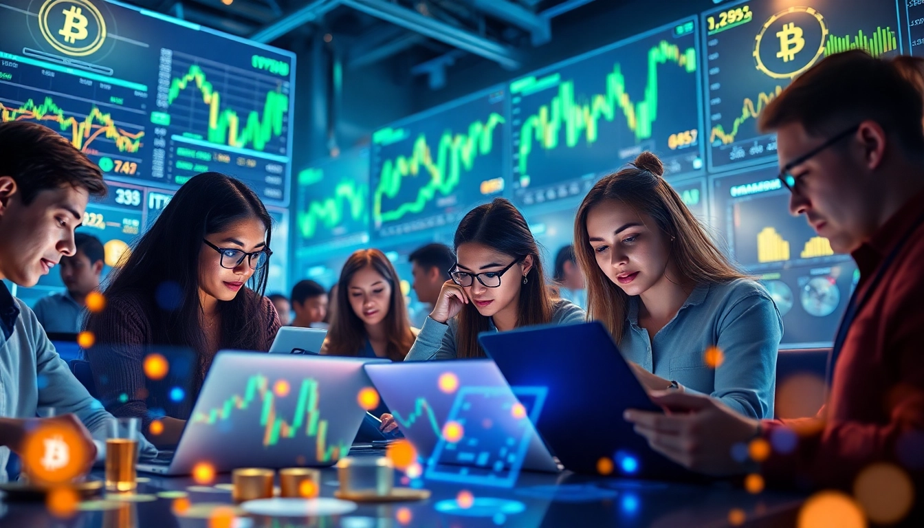 Engage with Crypto as diverse traders navigate the digital currency landscape through innovative technology in a vibrant setting.