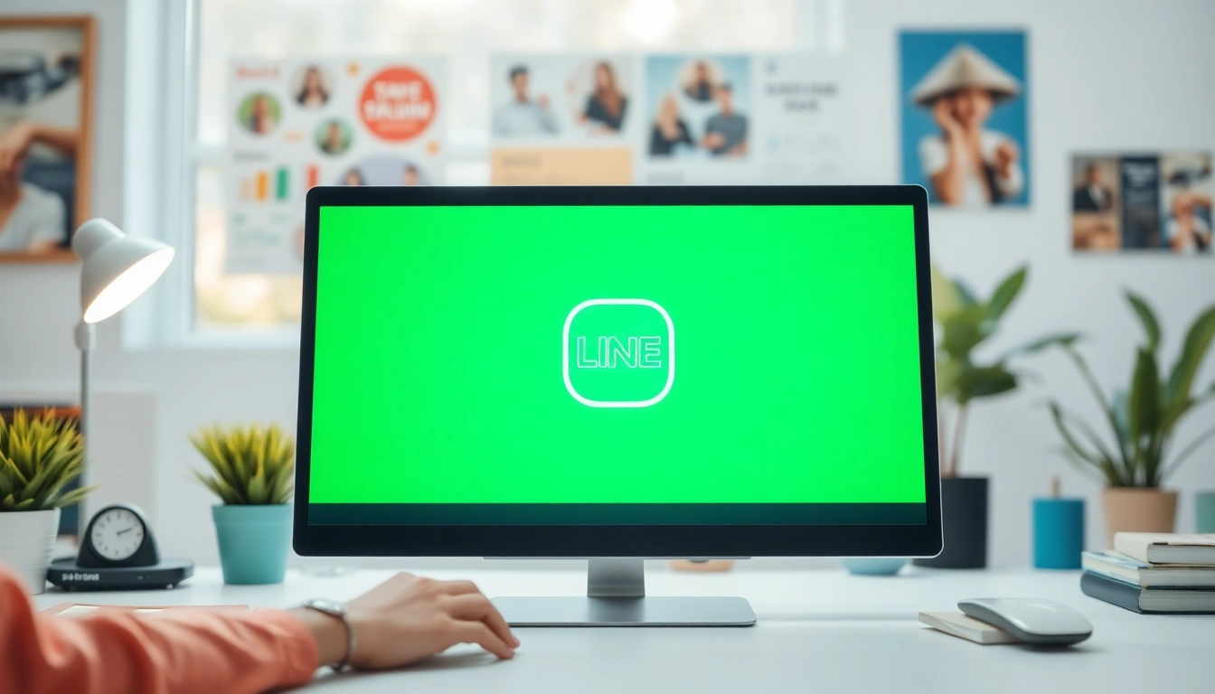 Download LINE下载電腦版 application on a computer with vibrant workspace elements.